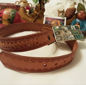 VINTAGE HANDTOOLED 28" LEATHER BELT WITH AMAZING ABALONE INLAYED SILVER BUCKLE